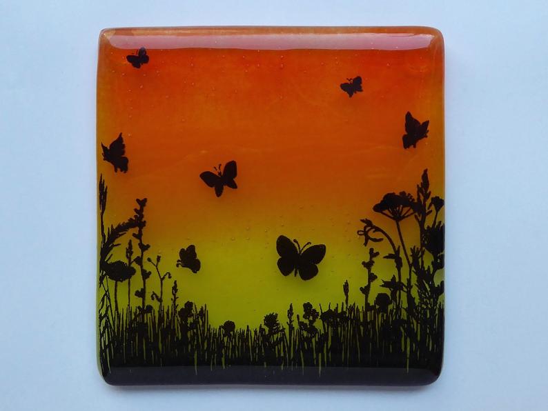 Eva Glass Design Orange and yellow butterfly meadow fused glass