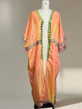 Load image into Gallery viewer, Nimpy Clothing upcycled saree open Kaftan turnover peach and green pom-poms