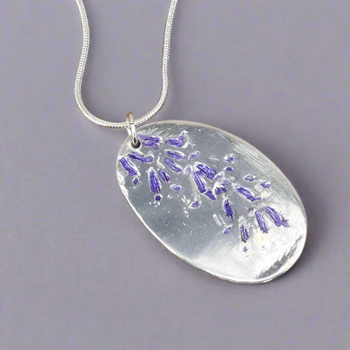 Jane Vernon Fine silver lavender impressed oval pendant with acrylic ink, on an 18” sterling silver chain